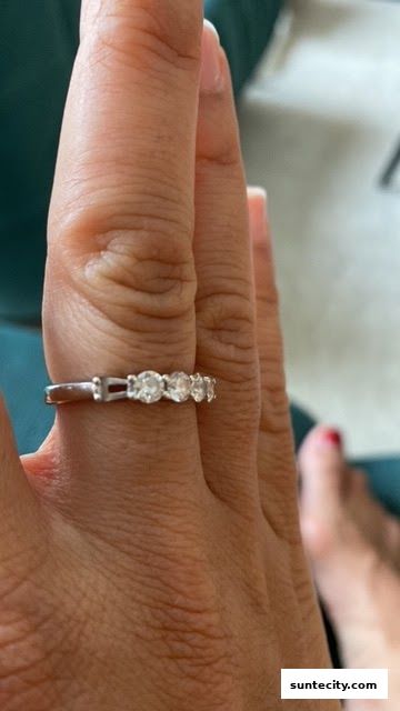 A close-up shot of a hand wearing a diamond ring.