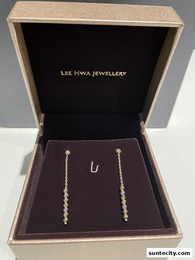 A pair of elegant drop earrings with multi-colored beads displayed in a jewelry box.