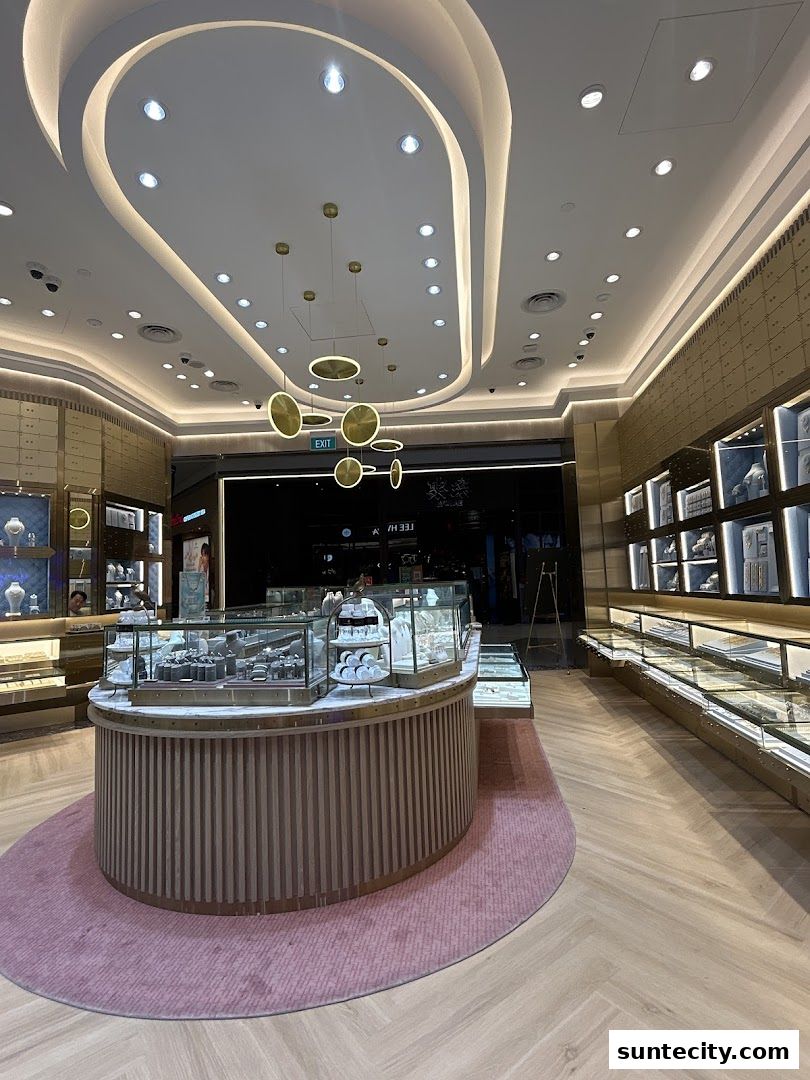 Interior view of a modern jewelry store with display cases and elegant lighting.