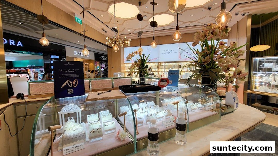 Interior view of a jewelry store showcasing display cases filled with rings and necklaces.