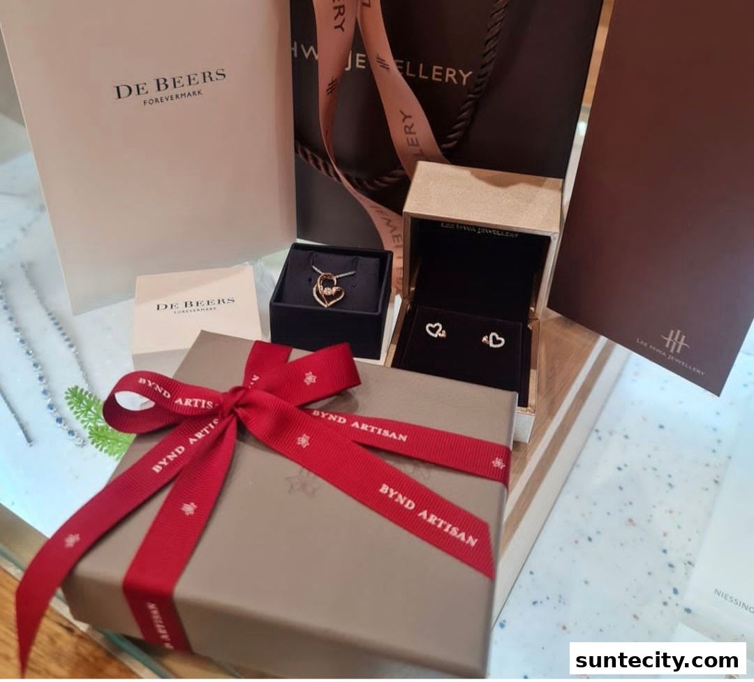 Jewelry items including a necklace and earrings, presented in gift boxes and bags.