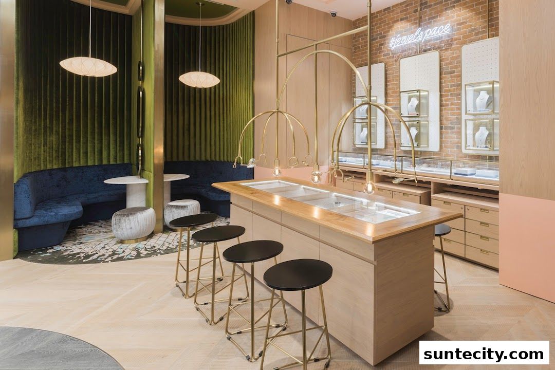 Interior of a modern jewelry store with display cases, seating, and elegant lighting.