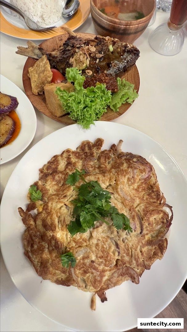 A close-up of a delicious meal featuring an omelet, grilled fish, rice, and soup.