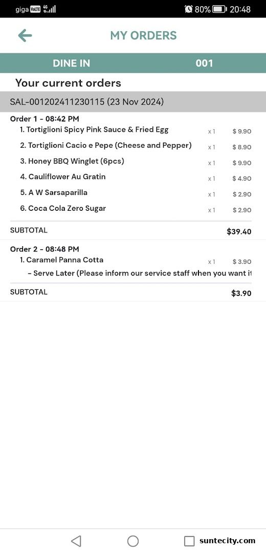 A screenshot of current orders from a restaurant, showing food items and prices.