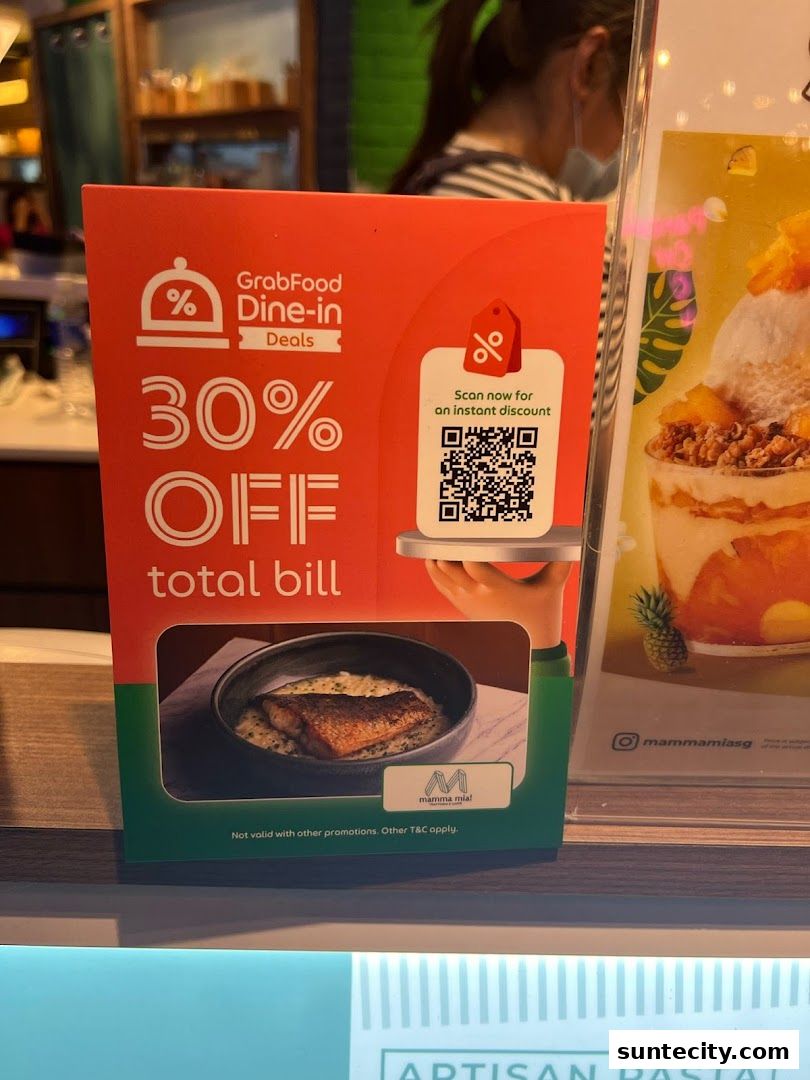 A promotional sign for Mamma Mia Trattoria E Caffè offering 30% off total bill via GrabFood Dine-In Deals.