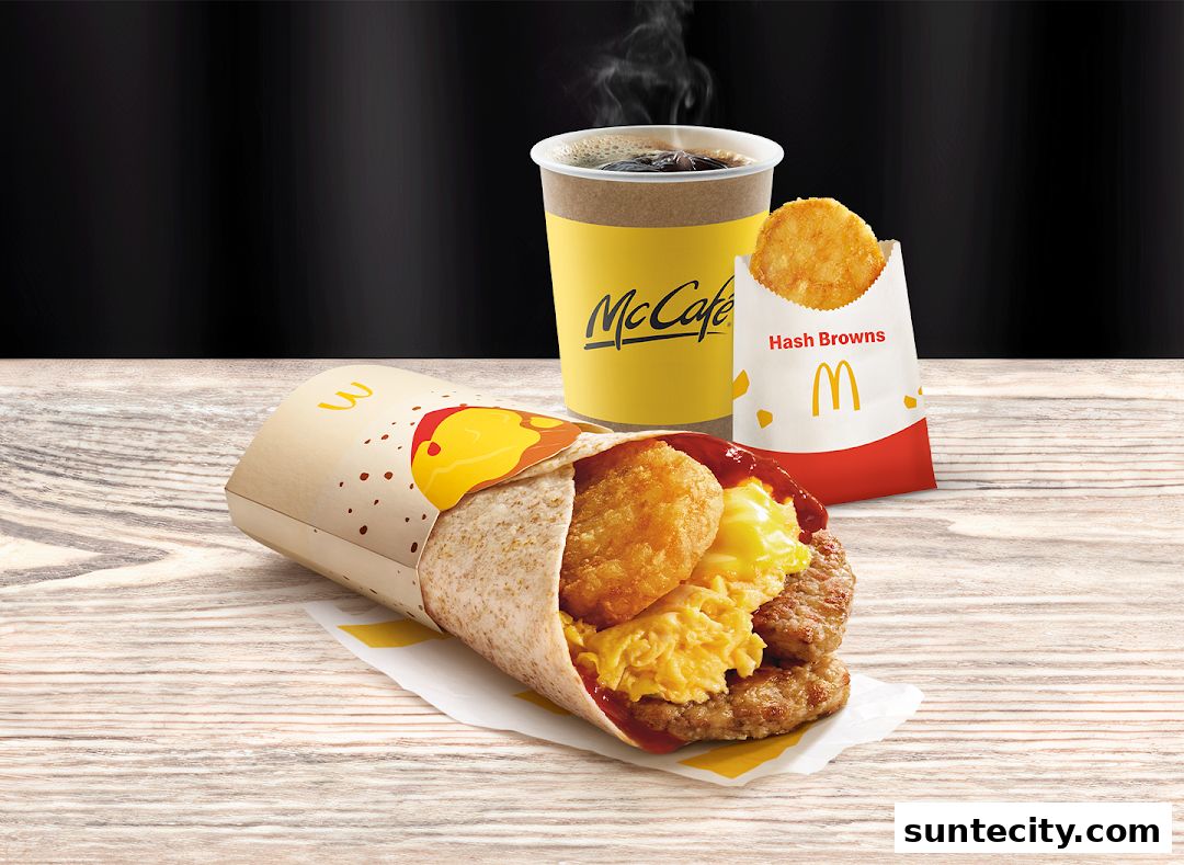 A McDonald's breakfast wrap with hash browns and McCafe coffee.