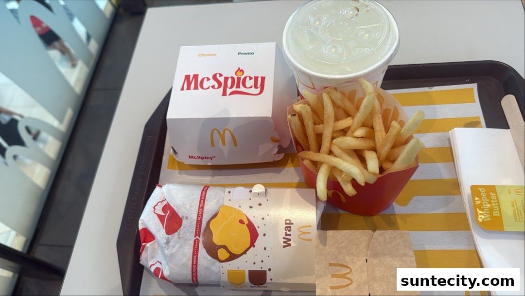 A tray of McDonald's food including a McSpicy burger, fries, a wrap, and a drink.