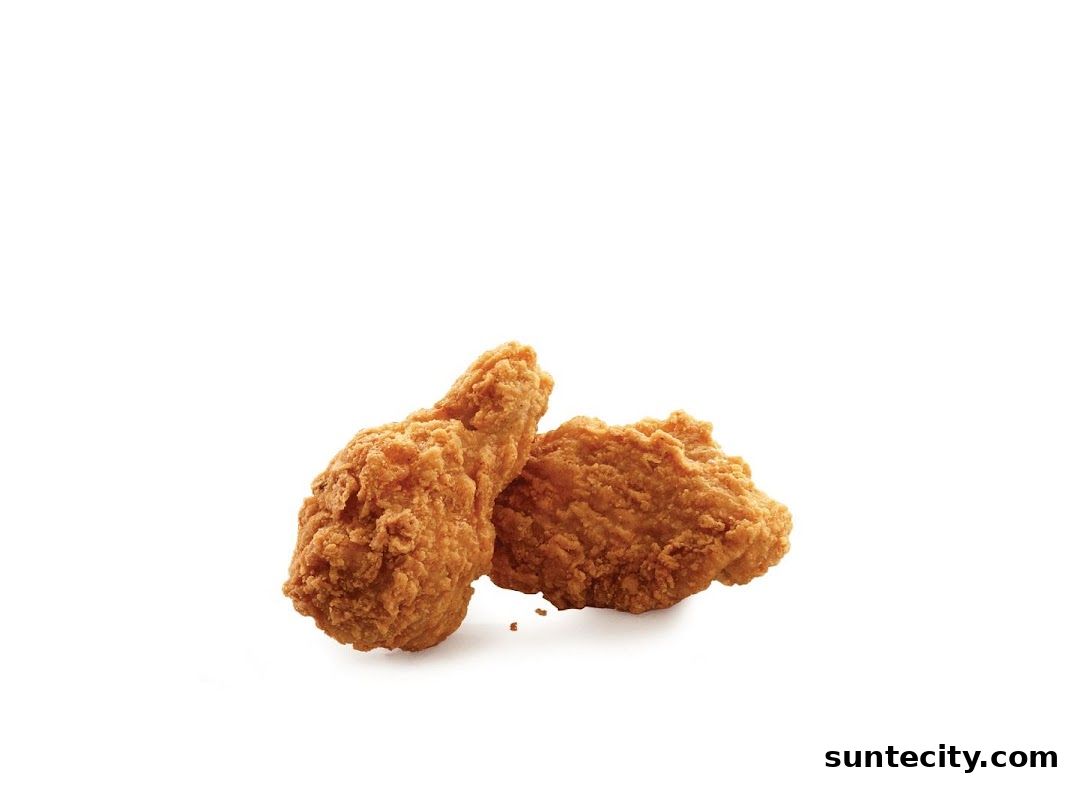 Two pieces of crispy fried chicken on a white background.