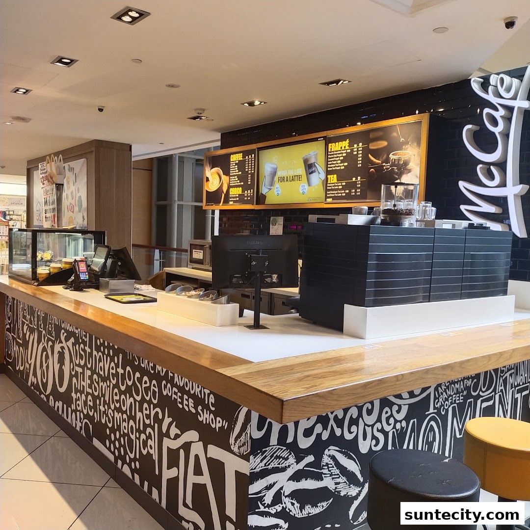 The McCafe counter at Suntec City, featuring a menu board and seating.