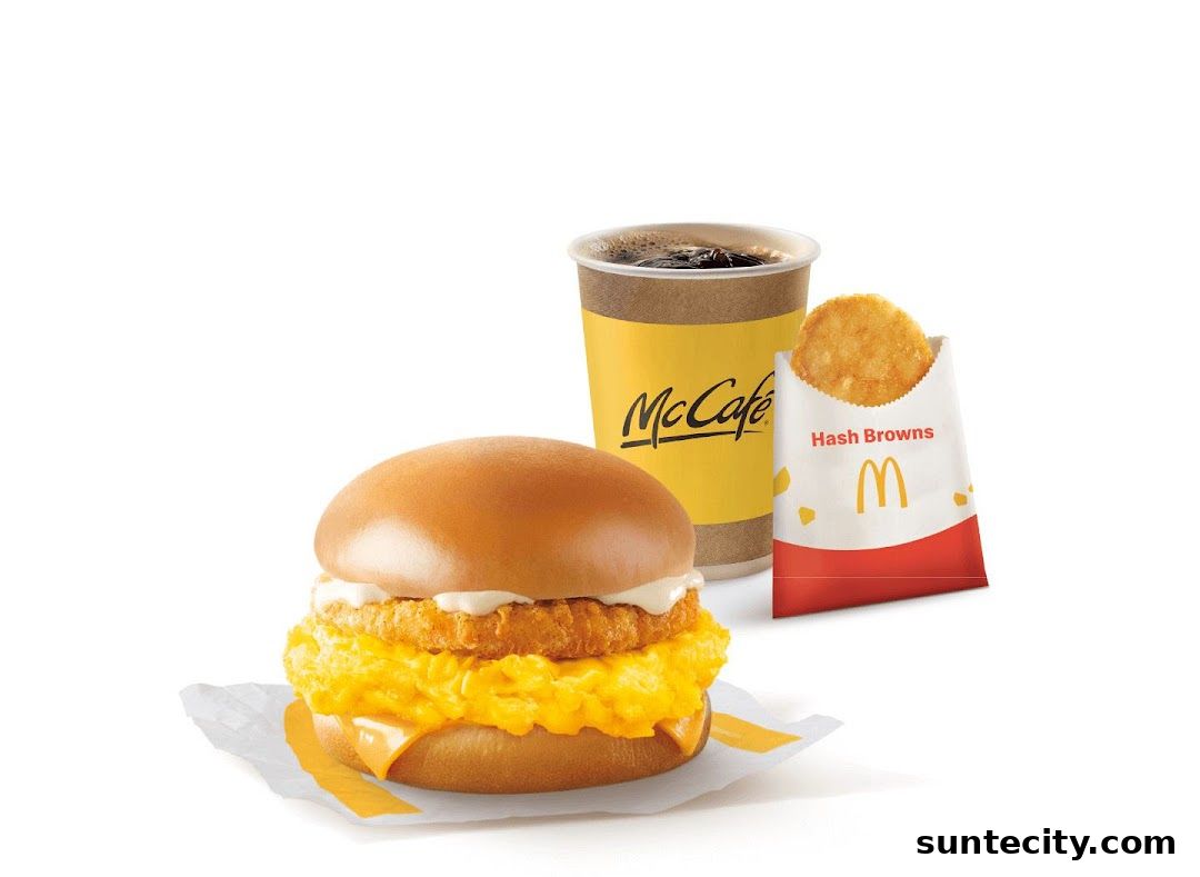 A McDonald's breakfast meal featuring a sandwich, McCafe drink, and hash browns.