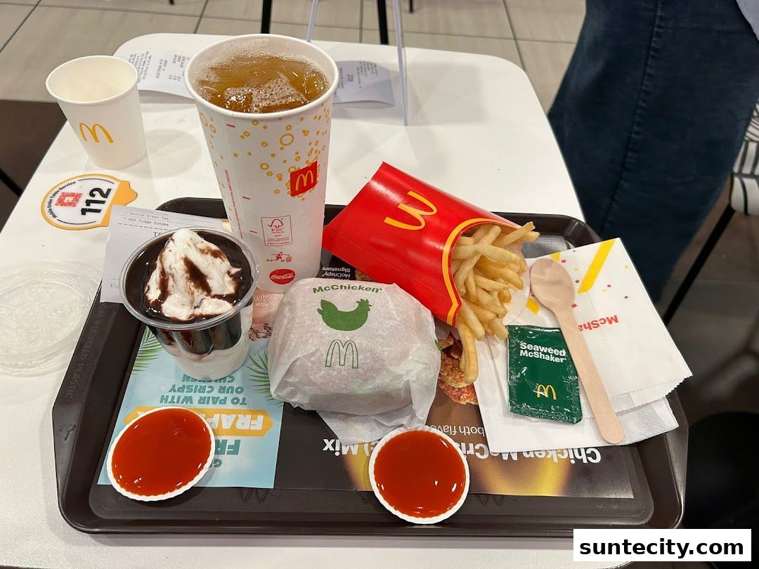 A McDonald's meal featuring a McChicken burger, fries, sundae, and a drink on a tray.