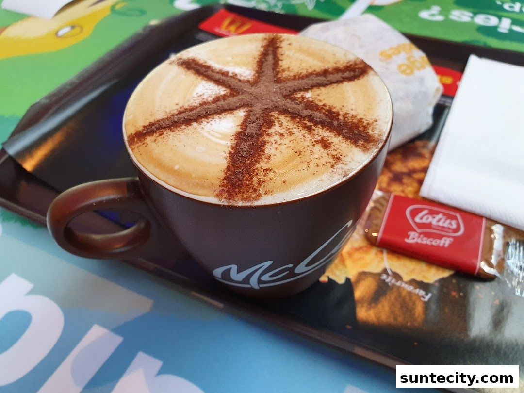 A close-up of a cappuccino with cinnamon art and a Lotus Biscoff cookie on a tray.