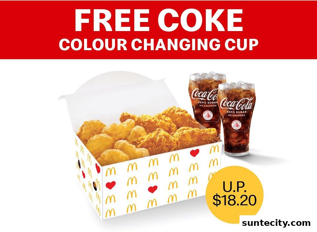 McDonald's meal featuring fried chicken, nuggets, and Coca-Cola Zero Sugar drinks with a special offer.