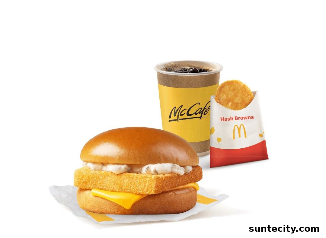 A McDonald's Filet-O-Fish meal with a McCafe drink and hash browns.