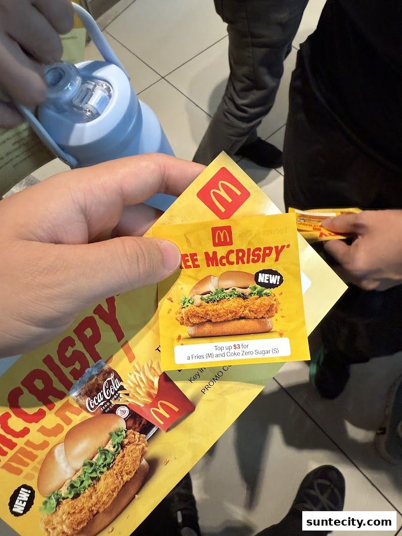 Hands holding McDonald's McCrispy promotional flyers and a water bottle.