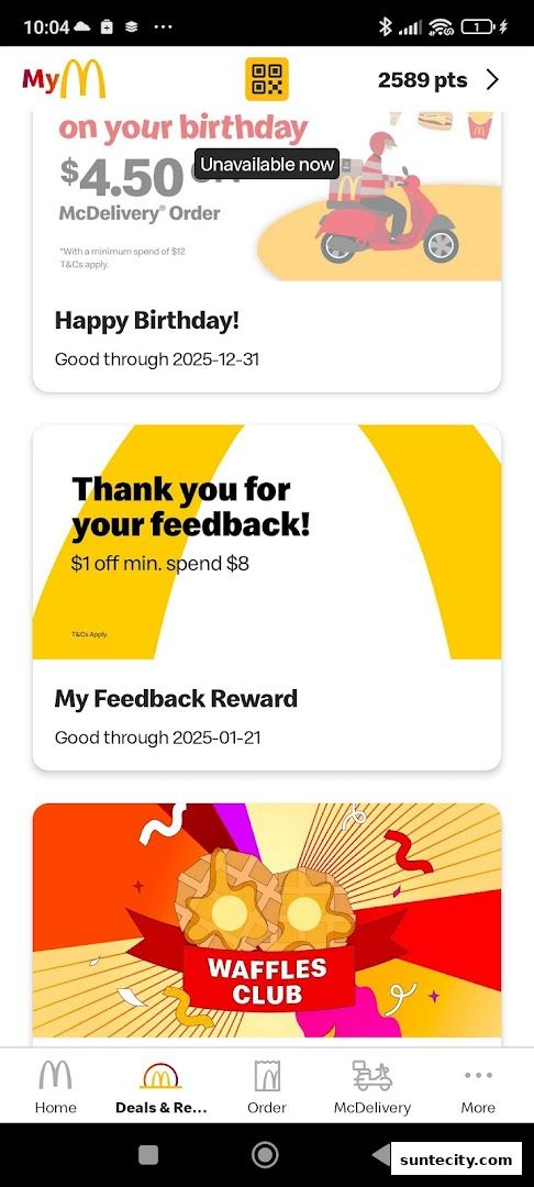McDonald's app screen showing birthday and feedback rewards, and a waffles club promotion.