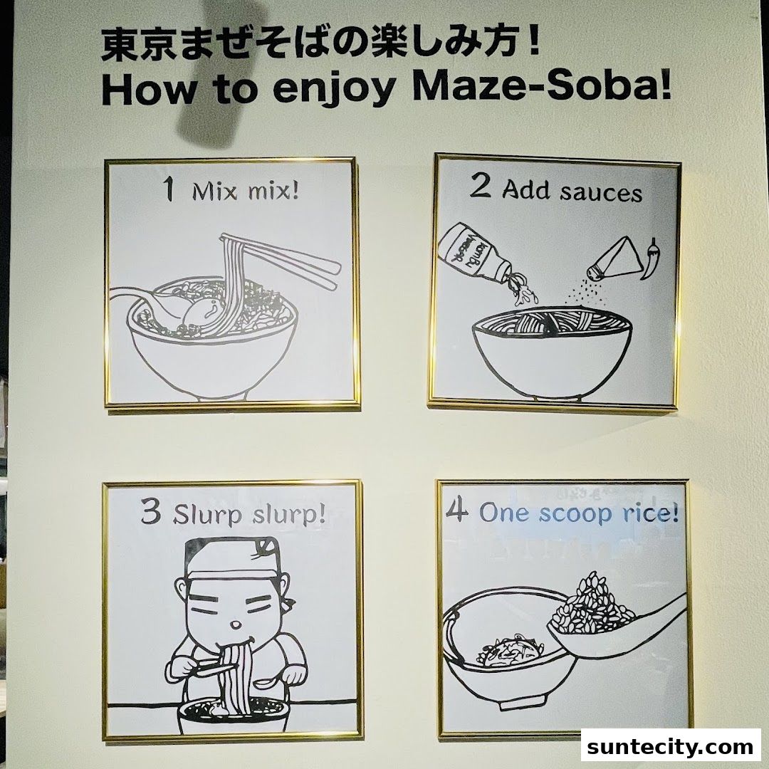 A guide on how to enjoy Maze-Soba, with four illustrated steps.