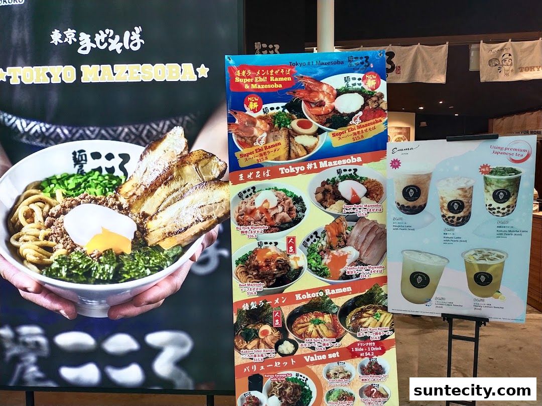 A display of ramen and bubble tea offerings from Menya Kokoro.