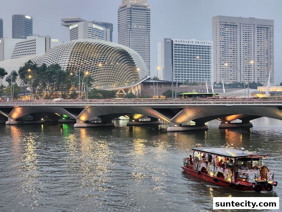 A scenic view of Singapore's Marina Bay with the Esplanade and Mandarin Oriental hotel.
