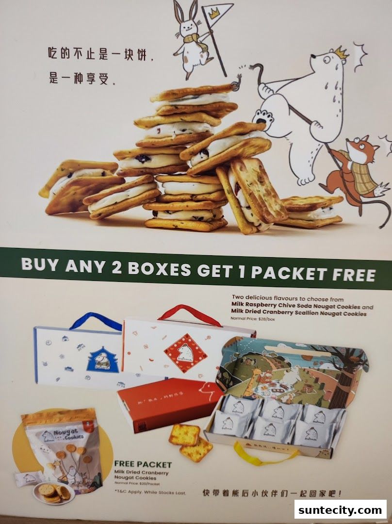 A promotional image showcasing nougat cookies with a buy 2 get 1 free offer.