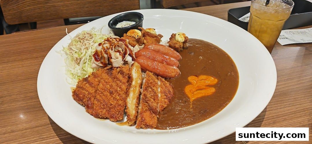 A hearty Japanese curry dish with katsu, sausages, chicken, and salad.