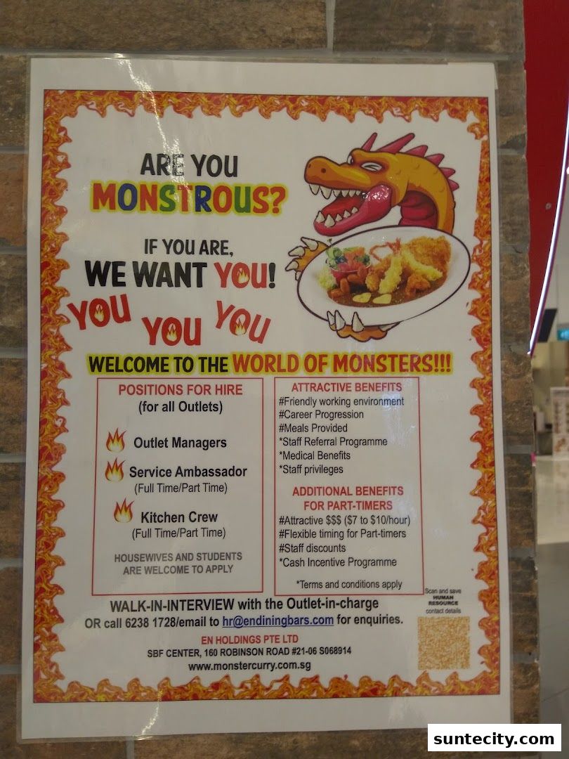 A recruitment poster for Monster Curry featuring a cartoon dragon and job opportunities.