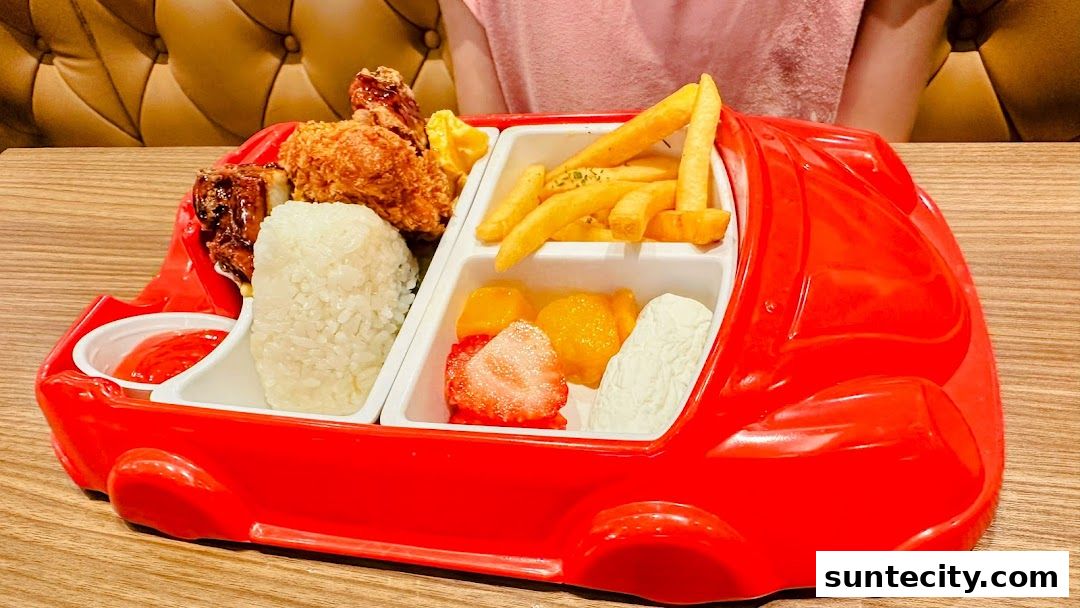 A fun, car-shaped platter filled with fried chicken, rice, fries, fruit, and sauce.