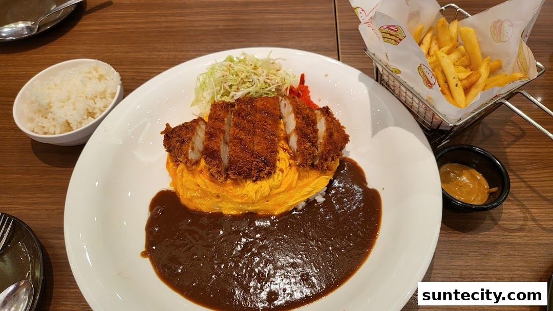 A delicious plate of Japanese curry with katsu, omelet, rice, and a side of fries.