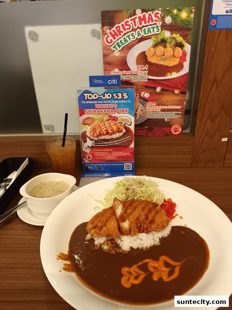 A plate of Japanese curry with katsu, a side of soup, and a drink, with promotional flyers.