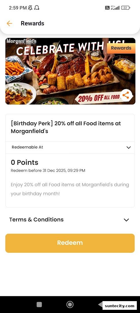 A digital reward offering 20% off food items at Morganfield's for a birthday perk.