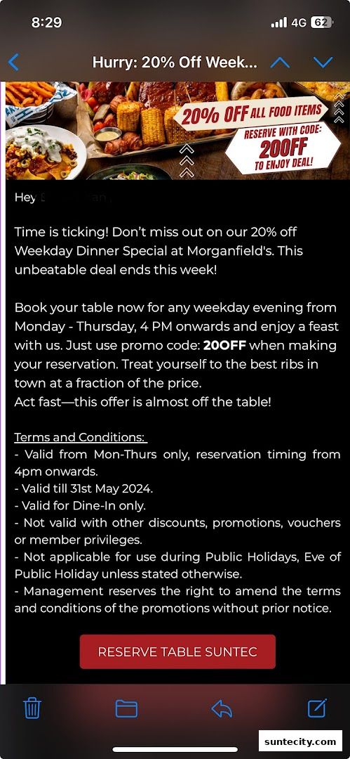 A promotional email offering 20% off weekday dinner specials at Morganfield's.