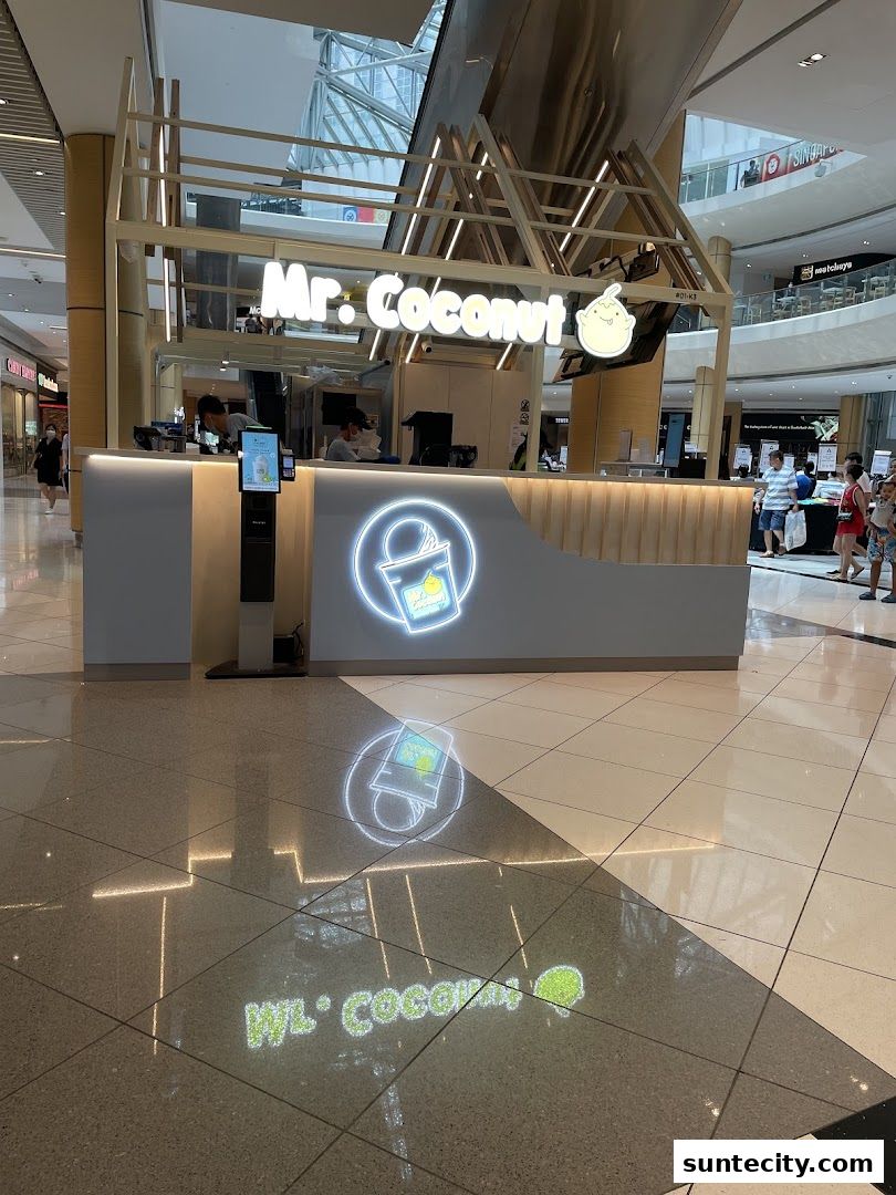 The Mr. Coconut shop front in a mall, featuring its logo and a clean, modern counter.