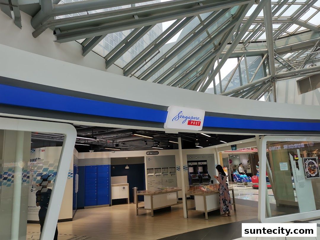 The Singapore Post shop front with blue accents and a prominent logo.