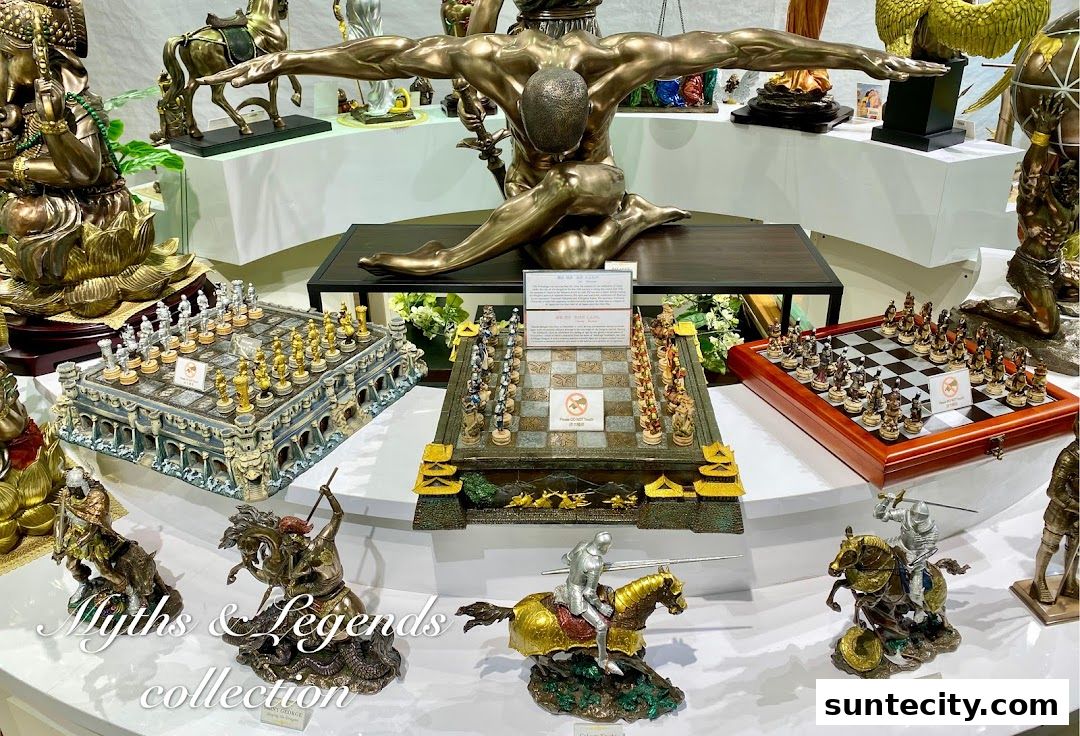 A display of intricate chess sets and mythical sculptures at Myths & Legends Collection.