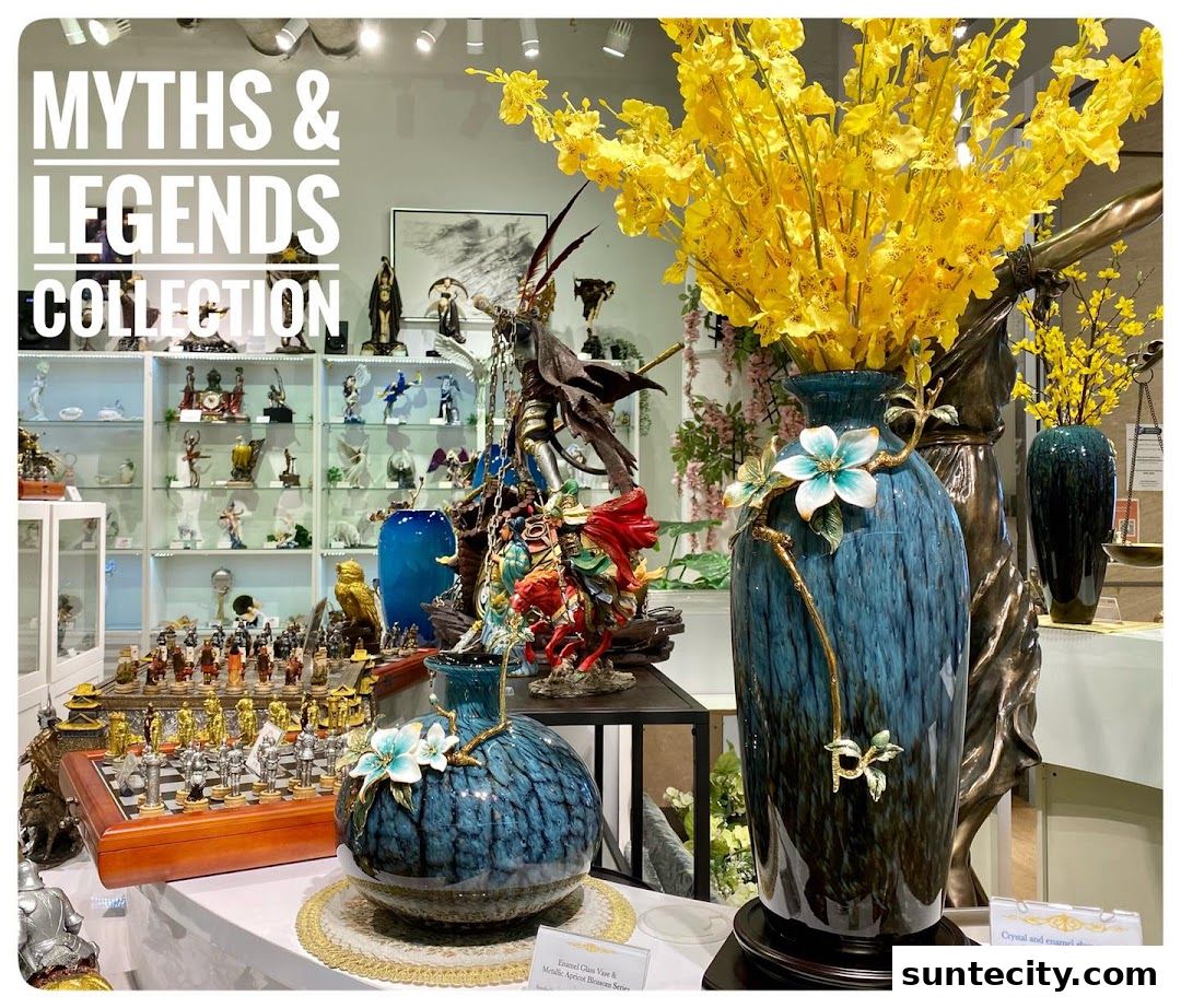 A shop interior displaying a collection of figurines, vases, and decorative items, with a focus on mythical and legendary themes.