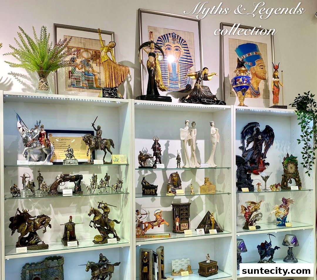 A shop interior displaying shelves filled with various collectible figurines and artwork.