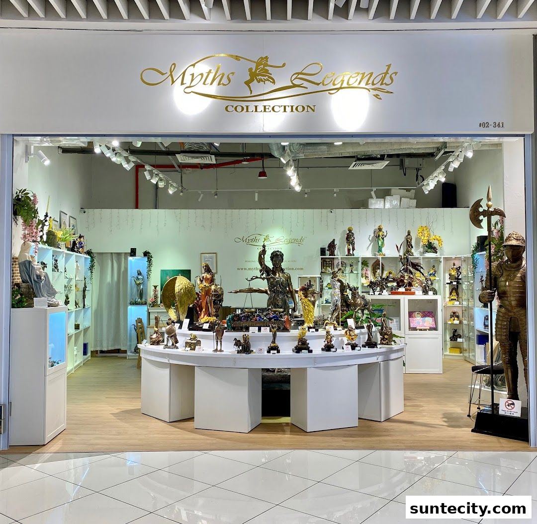 The entrance of a shop displaying various statues and collectible figures.