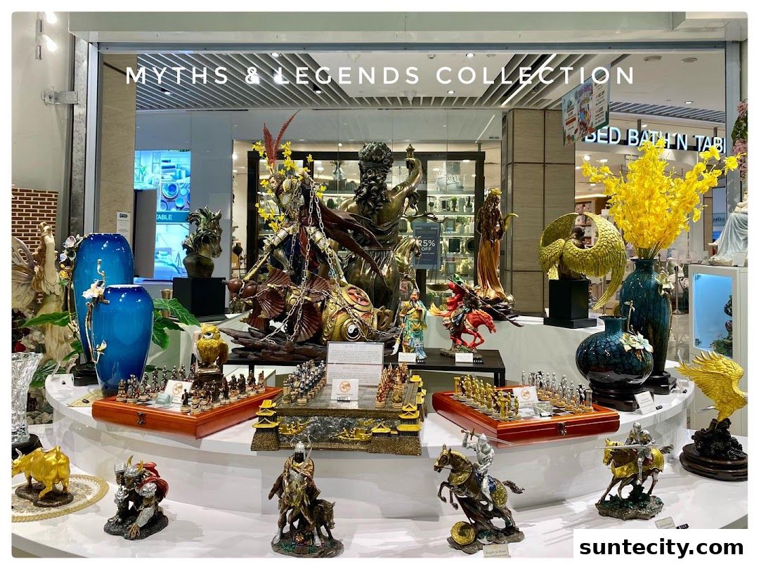 A shop display featuring mythological figures, chess sets, and decorative vases.