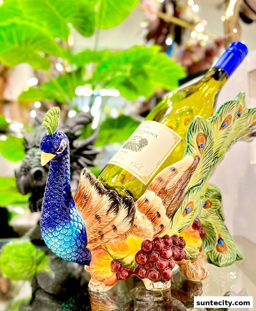 A decorative peacock wine holder with a bottle of white wine.