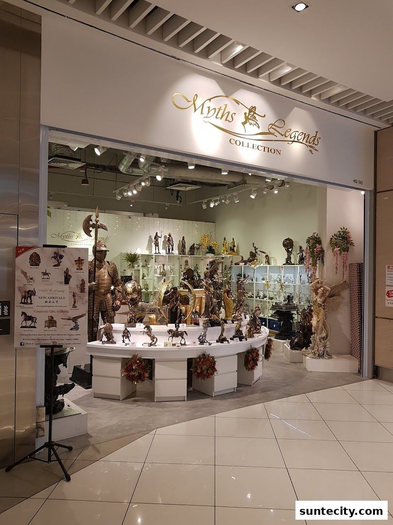 The entrance of a shop displaying various collectible figurines and statues.