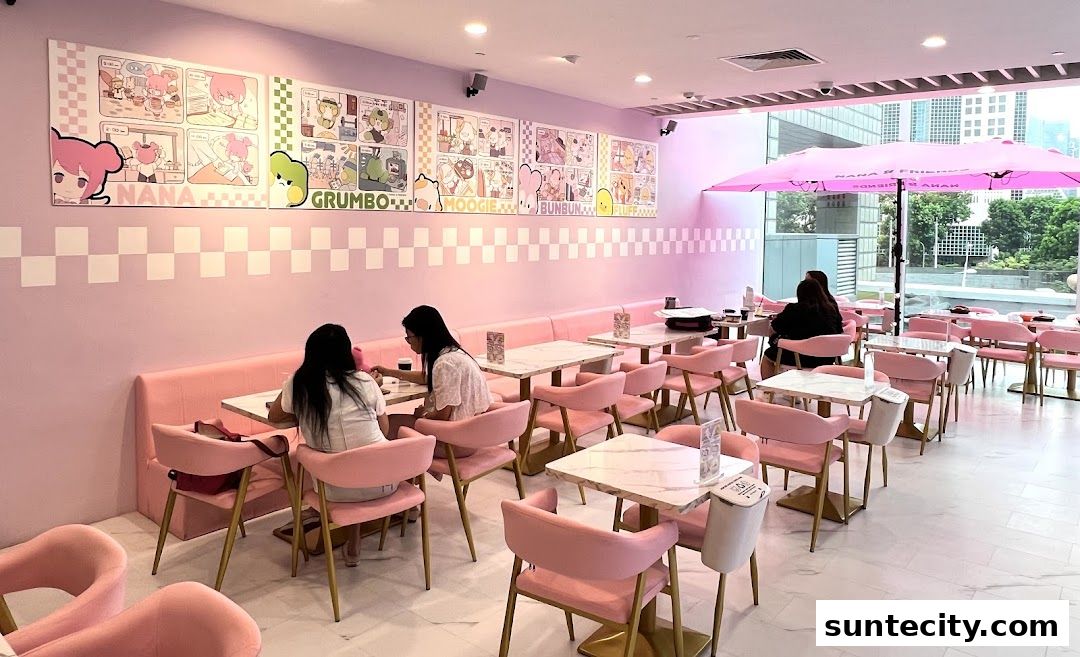Interior of a brightly lit cafe with pink seating and cartoon murals on the wall.