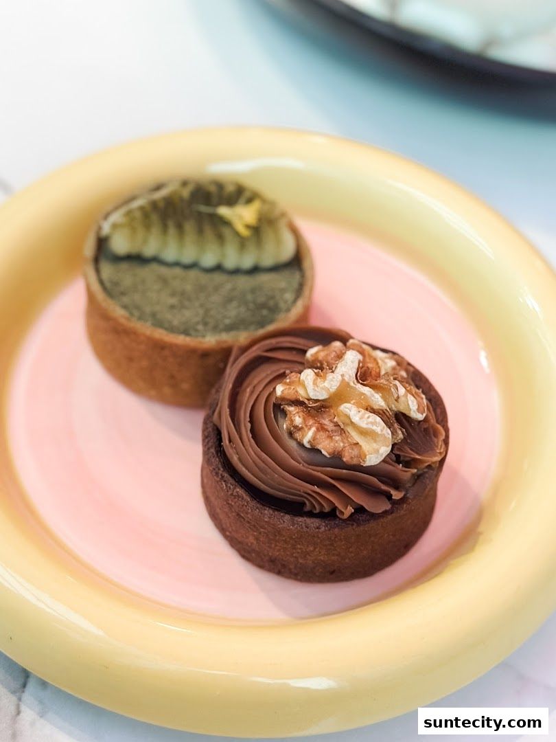 Two delicious tarts, one chocolate with walnut and another with green topping, served on a pastel plate.