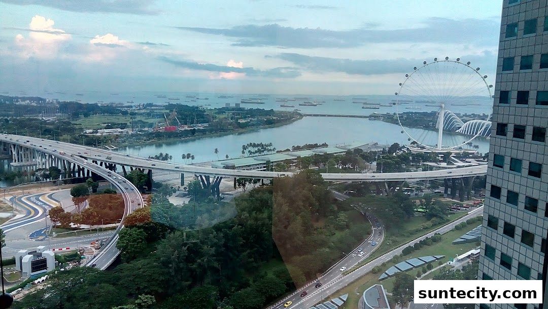 Panoramic view of a city skyline with a bridge, Ferris wheel, and numerous ships at sea.