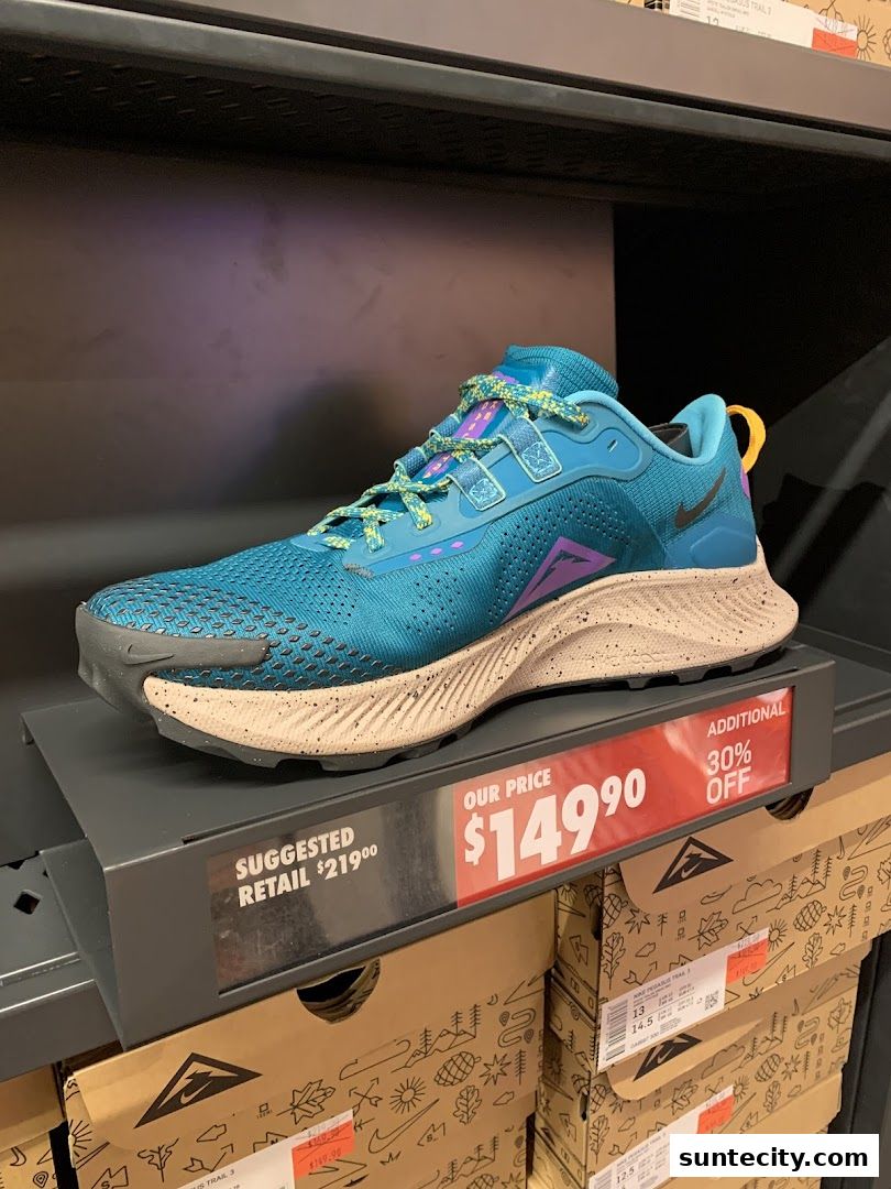 A close-up of a blue Nike Pegasus Trail 3 running shoe on display with pricing information.
