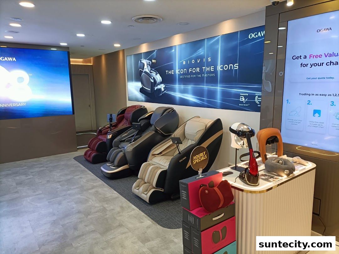 Interior of an Ogawa store showcasing massage chairs and promotional displays.