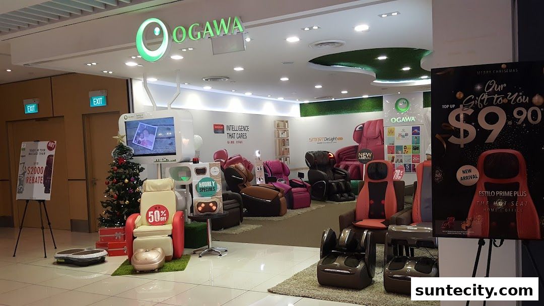 Ogawa massage chair store interior with various massage chairs and promotional displays.