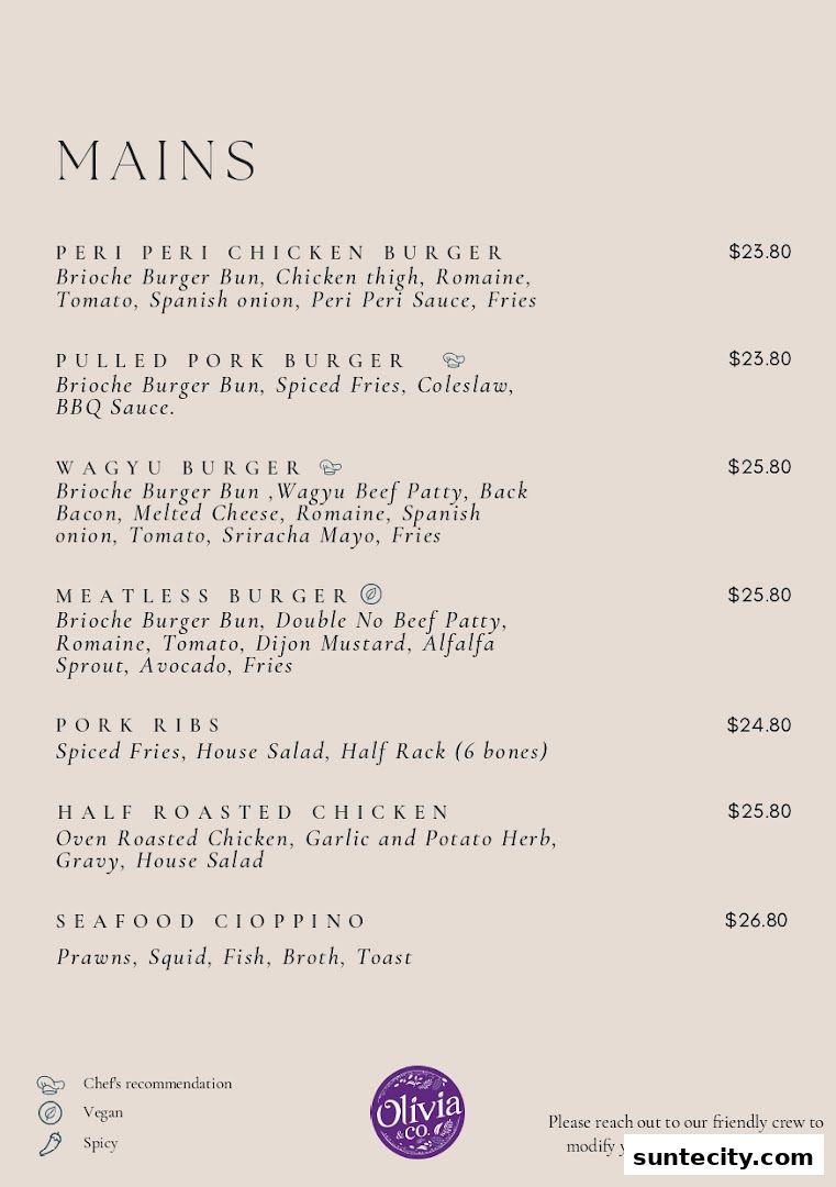 Menu page for Olivia  Co