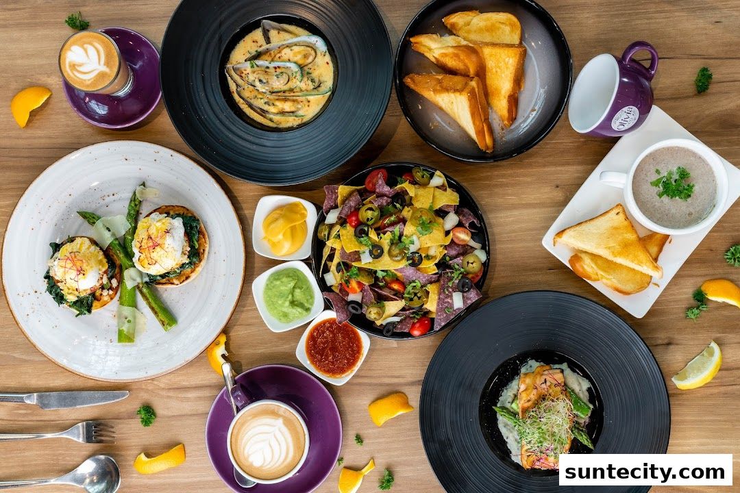 A spread of delicious dishes including eggs benedict, mussels, nachos, soup, and coffee.