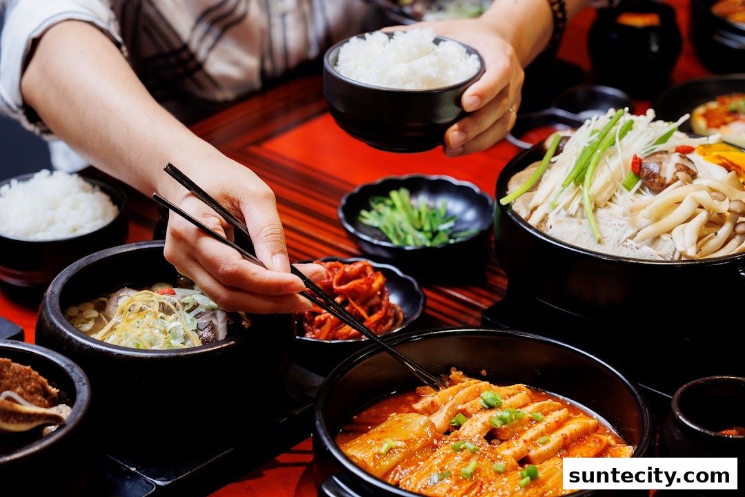 A person is eating a Korean meal with various dishes and rice.