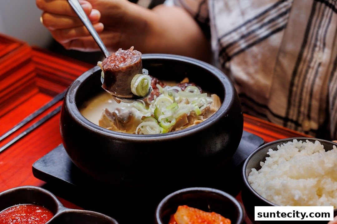 A close-up of a hearty Korean soup with blood sausage, meat, and scallions, served with rice.